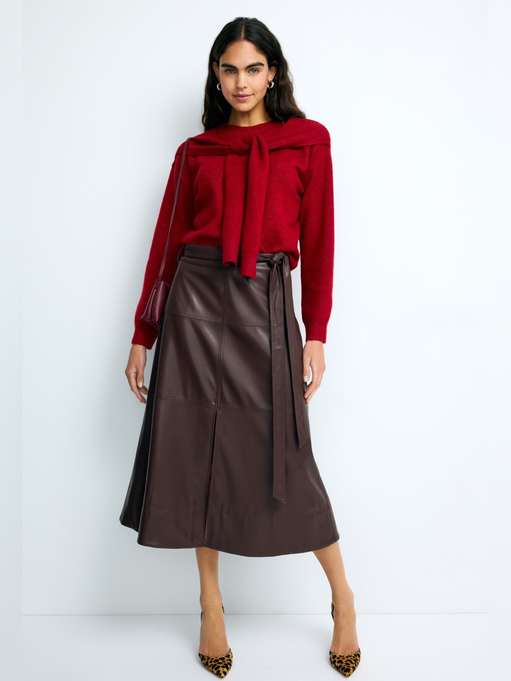 Tanya Taylor Chocolate Brown Faux Leather Wrap Midi Skirt